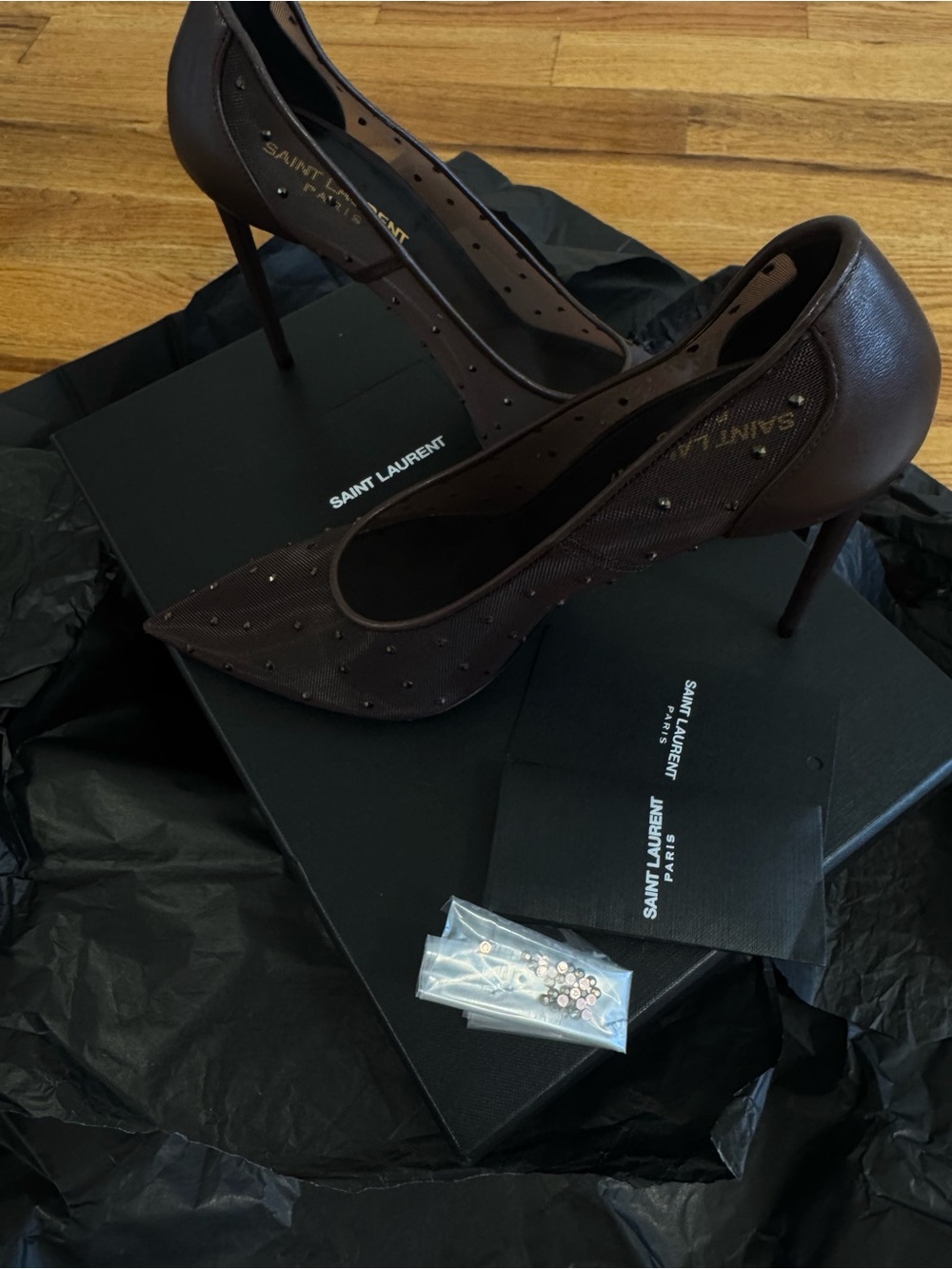 NEW Saint Laurent YSL Crystal Mesh Pointed Toe Pumps Brown Heels With Box
